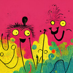 Wall Mural - Happy childhood cartoon doodle illustration with bright colors