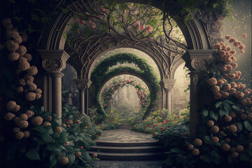 Wall Mural - a beautiful secret fairytale garden with flower arches and beautiful tropical forest with colorful v