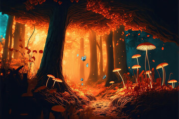 Wall Mural - Beautiful fairytale and orange autumn enchanted forest with giant trees, mushrooms, luminous insects and nature