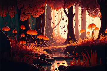Wall Mural - beautiful fairytale and orange autumn enchanted forest with giant trees, mushrooms, luminous insects