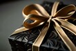 © zhOngphO - close-up of the golden ribbon bow on the black gift box, with a shallow depth of field to keep the ribbon in focus and the box slightly out of focus (AI Generated)