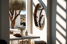 A Contemporary Boutique Hotel's Interior And Exterior On Milos Island, Greece, On September 28, 2020. Furniture, Interior Design And Styling, And Decorative Accents. Modern Day Decor. Generative AI