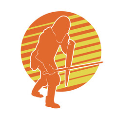 Wall Mural - Silhouette of medieval warrior with a weapon in hand. Isolate on a orange background. Vector illustration