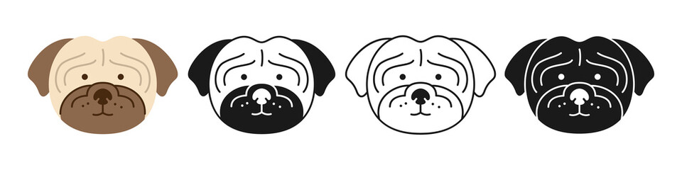 Dog pug faces cartoon character set. Cute puppy childish kawaii head symbol muzzle, line doodle, icon or silhouette. Smiling funny doggy pet baby, comic animal print flat sticker template vector