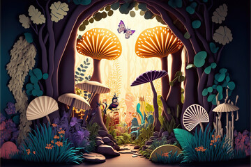 Sticker - Background with landscape of a beautiful fairy tale tropical forest all made of paper, cut out and colored cardboard