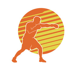 Poster - Isolated silhouette of orange male boxer. illustration of boxing athlete on orange line background.