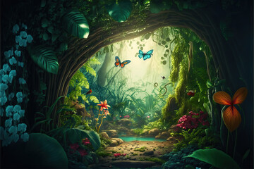 Wall Mural - a beautiful fairy tale enchanted forest with big trees, tropical vegetation and many colorful insect