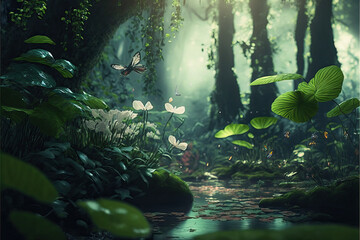 Wall Mural - a beautiful fairy tale enchanted forest with big trees, tropical vegetation and many colorful insect