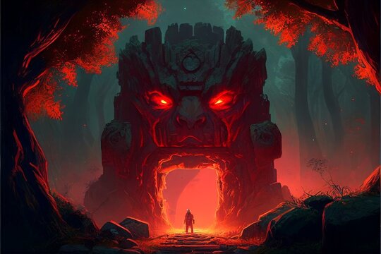 Mystical portal in the forest in the form of a golem's head, red mist. Generative AI