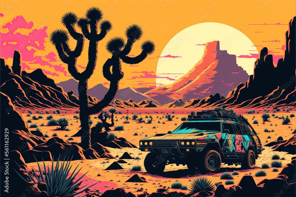Rusty and deteriorated custom car in the desert, cacti and monyanha in ...