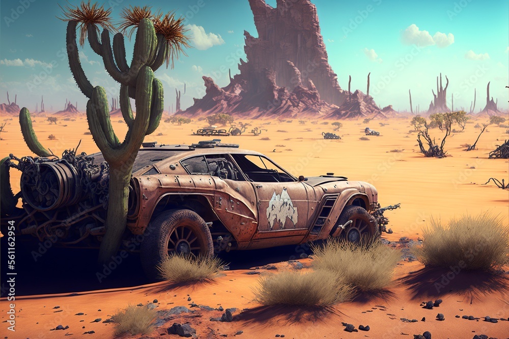 Stock-Illustration „Rusty and deteriorated custom car in the desert ...