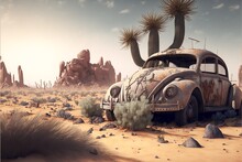 Rusty And Deteriorated Custom Car In The Desert, Cacti And Monyanha In The Background. Digital Illustration. AI