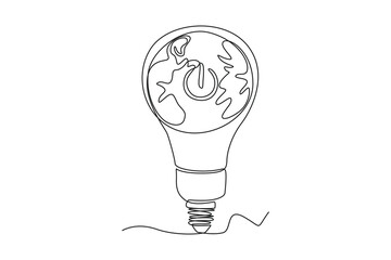 single one line drawing light bulb with earth inside. earth hour concept. continuous line draw desig