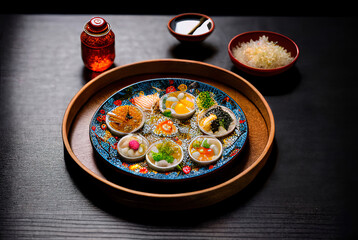 Wall Mural - Plates of cute tiny japanese and korean food in a 5 stars restaurant in a asian country made by a chef cook illustration mattepainting background 