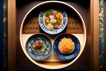 Plates of cute tiny japanese and korean food in a 5 stars restaurant in a asian country made by a chef cook illustration mattepainting background 