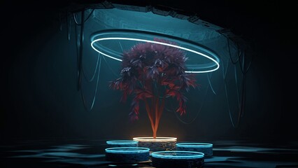Wall Mural - illustration of an abstract sci-fi scene where the light falls from the top on a tree's leaves and b
