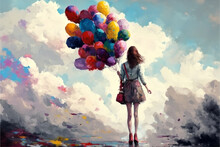 Girl With Balloons Clouds Up Oil Painting Illustration