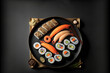 Detailed sushi setup against a dark background. traditional seafood from Japan. scrumptious roll Food delivery service advertisement. superior photograph. Generative AI