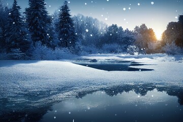  Beautiful White icy Winter landscape exterior Snowfall on frozen lake evergreen trees at golden hour Made with Generative Ai