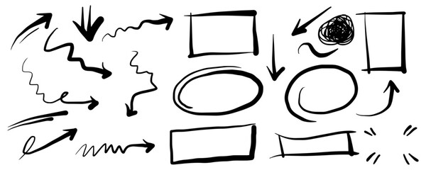 Poster - Doodle elements for concept design on set. isolated on white background. Infographic elements. emphasis, curly, swirl, arrow, circle, square box and scribble. vector illustration.