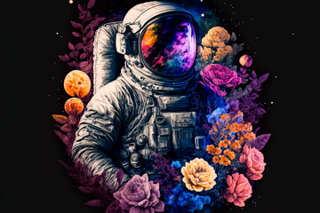 astronaut on a background floral of and planets. design for picture frame, poster, brochure and scie