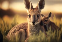  A Kangaroo And Its Baby Are In The Grass Together, With A Blurry Background Of The Sky And Grass And The Ground, And The Baby Kangaroo Is Looking At The Camera, With Its Head,.