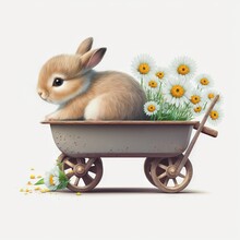  A Rabbit Sitting In A Wheelbarrow With Daisies And Daisies In It's Back Paws, With A White Background And A White Background With A White Backdrop Of Daisies.