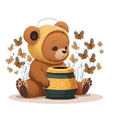  A Teddy Bear Sitting On The Ground With A Honey Pot In Front Of Him And Bees Around Him, With A Honey Comb In The Background Of Honeycombs And A Honeycomb On The Ground.