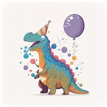  A Dinosaur With A Party Hat And Balloons In The Background Is A Birthday Card With A Dinosaur Holding A Balloon And A Party Hat On It's Head Is Blowing On A Balloon With.