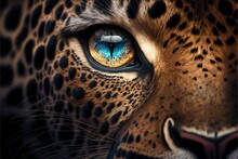  A Close Up Of A Leopard's Eye With Blue And Yellow Irises On It's Face And A Black Background With A White Stripe Around The Eye And A Black Spot On The Bottom.