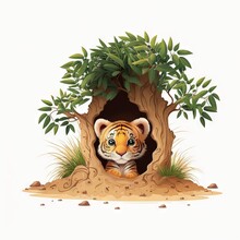  A Tiger Cub In A Hole In The Ground With A Tree On The Side Of It And A White Background Behind It, With A White Background With A White Border, And A White Border. Generative AI