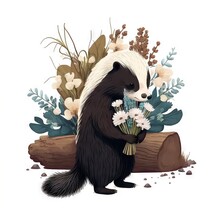  A Badger Holding A Bouquet Of Flowers In Its Paws And Standing On A Log With Flowers In It's Paws And A White Background With Flowers And Leaves And Branches, And Branches,.
