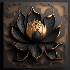 Wall Mural - Lutus flower 3d wallpaper for wall frames fractal flowers golden and black liquid marble background. Resin geode and abstract art, functional art, like geode painting. Ai generated art