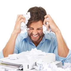 Wall Mural - Burnout, stress and businessman with crumpled paper for brainstorming, thinking of bad ideas and strategy. Corporate work, anger and frustrated employee with mess of documents, paperwork and notes