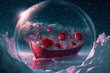 Huge Red Transparent Love In The Snow, Lovely Roses Boat Inside,Generative AI	