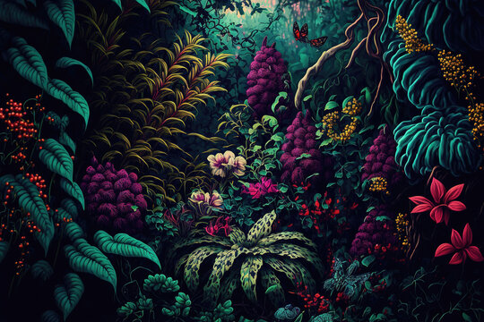 Fototapete - Lush forest, beautiful flowers, maximalism. Big bright flowers and plants in the rainforest
