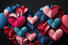 Happy Valentine's Day Banner. Holiday Background Design With Big Heart Made Of Pink, Red And Blue Origami Hearts On Black Fabric Background, An Illustration Created With Generative AI Artificial Intel