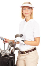 Golf Woman, Club Bag And Focus In Studio With Goal, Dream And Sports Equipment By White Background. Isolated Golfer Girl, Golf Club Backpack And Mindset For Game, Sport And Fitness For Competition