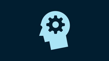 Canvas Print - White Human head with gear inside icon isolated on blue background. Artificial intelligence. Thinking brain. Symbol work of brain. 4K Video motion graphic animation