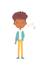 Cute Boy Singing Song Vector Illustration. Cartoon Isolated Happy Kawaii Male Singer Standing To Sing To Music At Christmas Party, Choir Performance Or School Concert On Stage