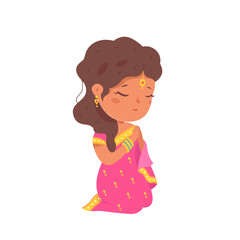 Indian girl in sari praying, happy little lady in beautiful ethnic saree and cute face