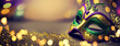 canvas print picture - Gold, purple and green glittery mardi gras mask on shining bokeh city banner. Generative AI illustration