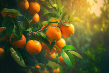 Luscious Fruits And Green Leaves In A Tangerine Colored Sunlit Garden. Citrus Fruits That Are Ripening In A Mandarin Orchard. Background Of Outdoor, Natural Food. Generative AI