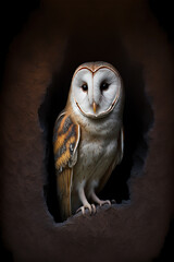 Canvas Print - Beautiful Barn Owl roosting in hole in a tree - Created with generative AI technology