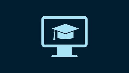 Poster - white computer monitor with graduation cap icon isolated on blue background. online learning or e-le