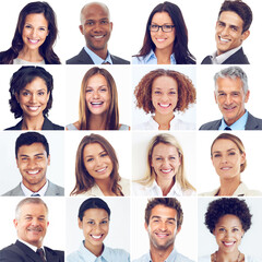 Aufkleber - Face, collage and portrait smile of business people for profile, montage or collection against a white studio background. Happy faces collected in diversity isolated or cropped group smiling together