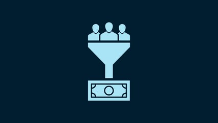 Sticker - White Lead management icon isolated on blue background. Funnel with people, money. Target client business concept. 4K Video motion graphic animation