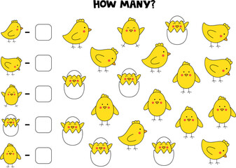 Counting game with cute yellow chickens. Math worksheet.