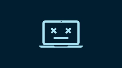 White Dead laptop icon isolated on blue background. 404 error like laptop with dead emoji. Fatal error in pc system. 4K Video motion graphic animation