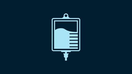 Sticker - White IV bag icon isolated on blue background. Blood bag icon. Donate blood concept. The concept of treatment and therapy, chemotherapy. 4K Video motion graphic animation